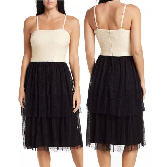 Dress the Population NWT Kady Sequin Tiered Point D'Esprit Dress Medium